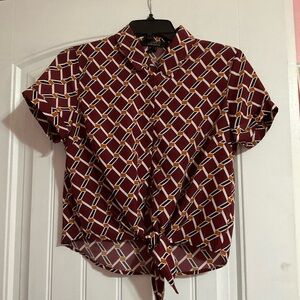 Red White and brown Cuffed Sleeve Polo Button Down Crop Top